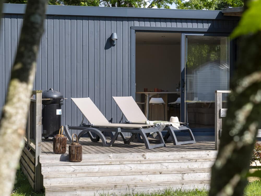 Terrasse avec chaises longues et barbecue.