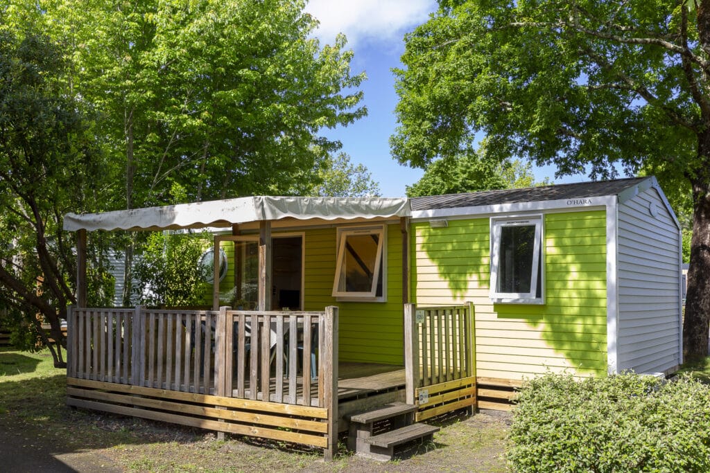 Mobil-home vert et blanc sous les arbres.