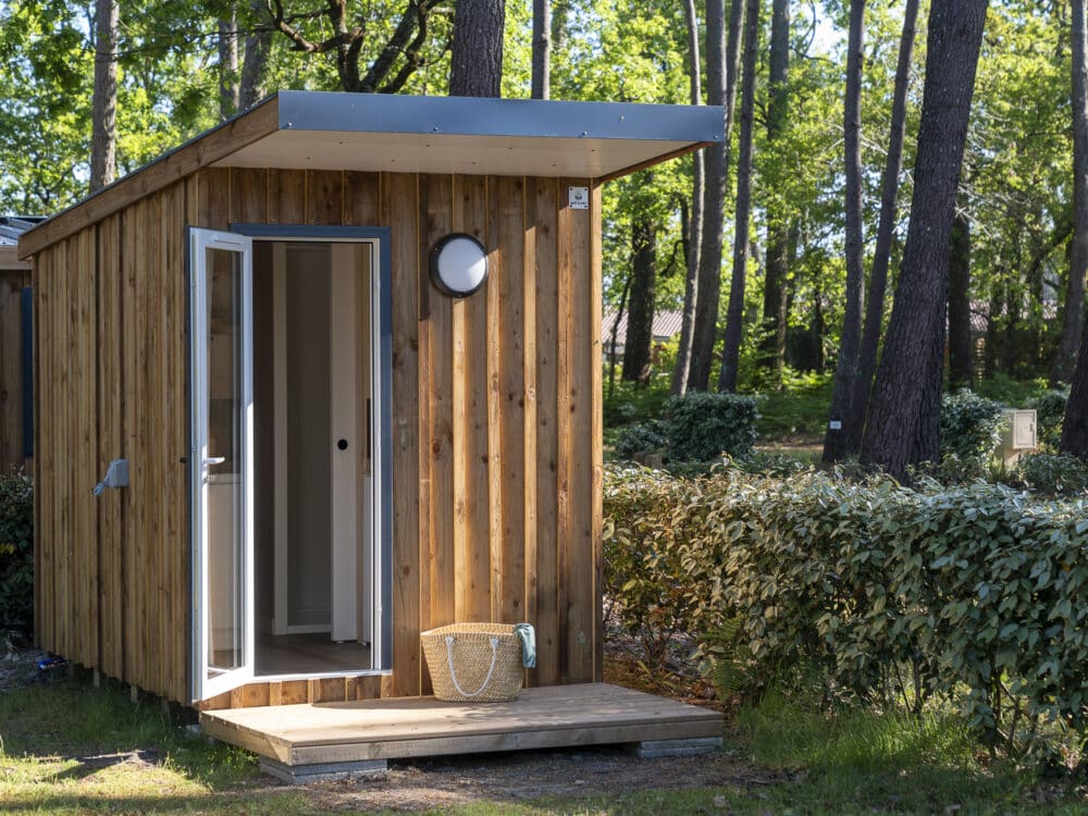 Cabine en bois dans une forêt verdoyante